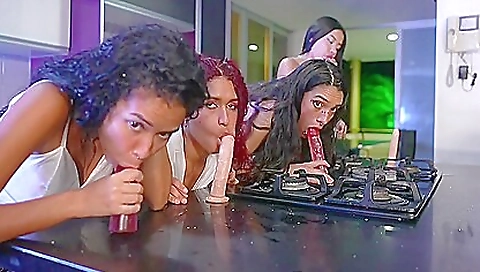 Sexy brunette hair with a dildo fuck doeer